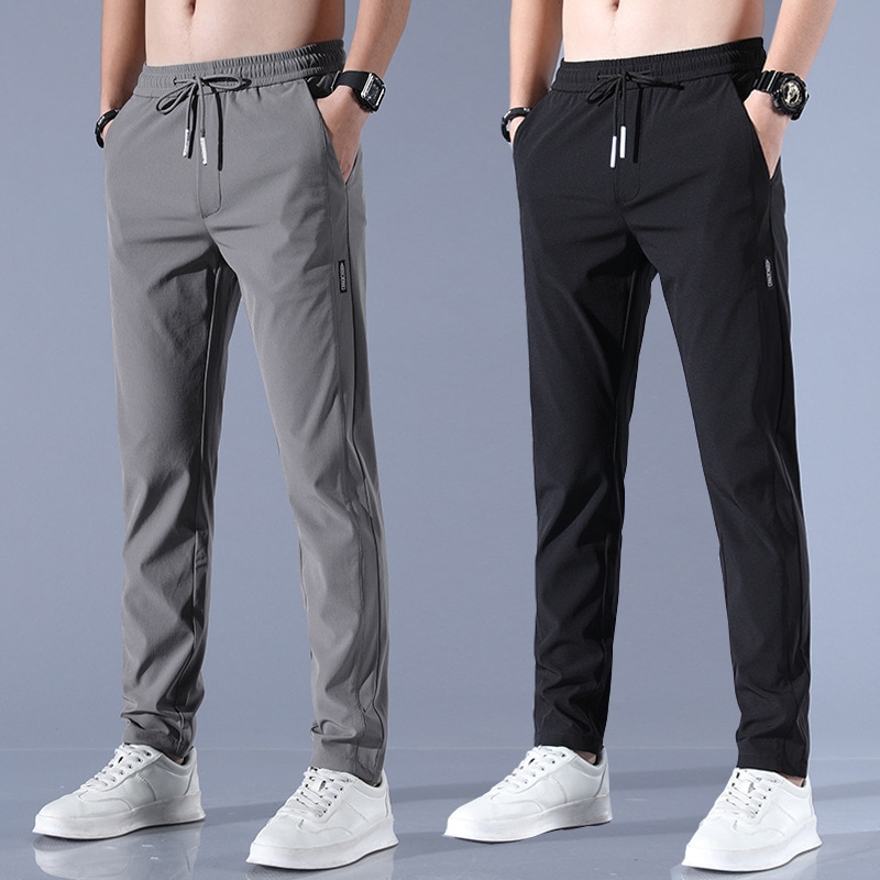 Men's Casual Pants Summer Solid Breathable Drawstring Pocket Straight Trousers Male Thin Quick-Drying Sweatpants Sports Pants