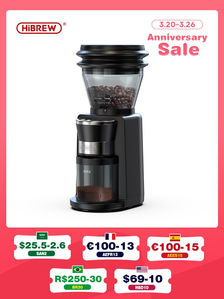 HiBREW Automatic Burr Mill Coffee Grinder with 34 Gears for Espresso Turkish Coffee Pour Over Visual Bean Storage G3