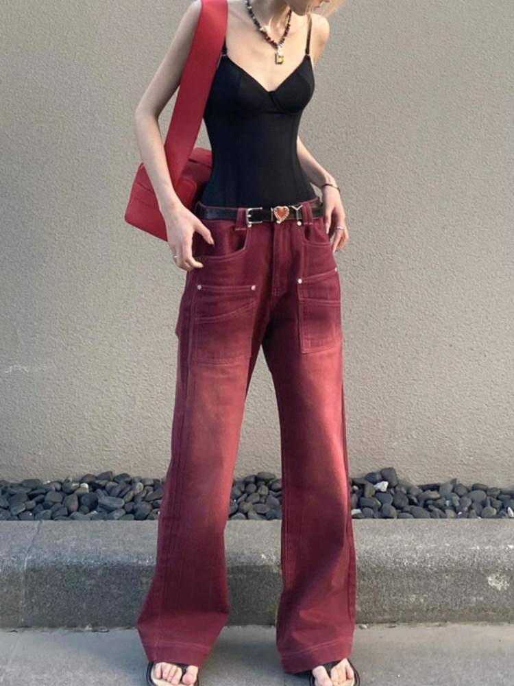 Burgundy Vintage Baggy Pants Big Pocket High Waisted Long Straight Leg Trousers Streetwear y2k Jeans Joggers Korean Fashion 2023