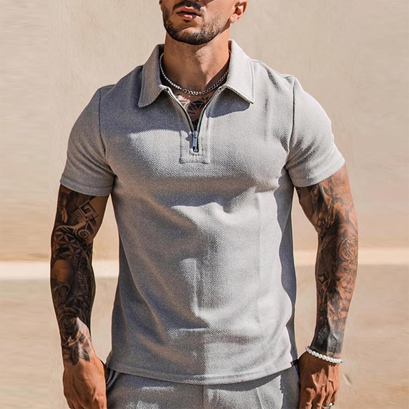 Vintage Turn-down Collar Zipper Solid Men's Polo Shirt 2023 Spring Summer Short Sleeve Casual Polos Tee Men Clothes Leisure Tops