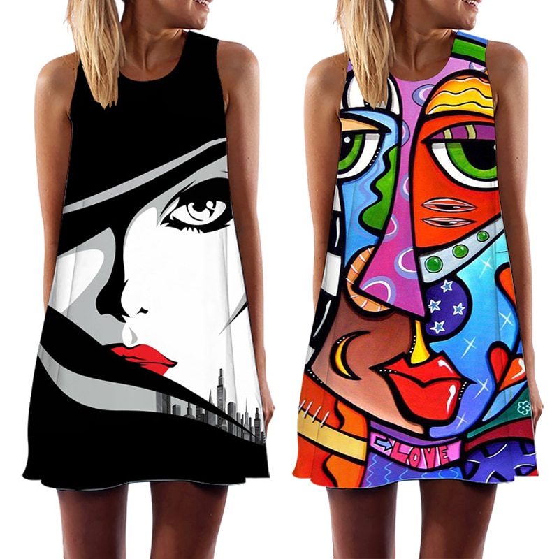 2023 Summer Women Vest Dress Abstract Face Art  Printed O-Neck Sleeveless Mini Dress Casual Loose Sweet A-Line Sundress Vestidos